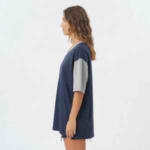 Hawk Eye Women's Navy Blue <b>V</b>-<b>Neck</b> <b>Oversized</b> <b>T</b>-<b>Shirt</b> Short Sleeve Color Blocked Loose Fit Cotton Jersey Top Spring Summer - Product Image 4