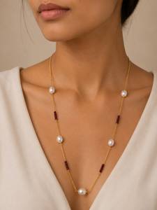 Custom Rhodium Plated <b>Necklace</b> Freshwater Pearl Garnet <b>Ruby</b> Bead Station Long Opera Chain Dainty Women Bridal Luxury Jewelry Set - Product Image 1