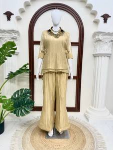 Conjunto de Traje Indio Pakistaní para Mujer, Top Beige de Mezcla de Lino y Pantalones Anchos con Cuello Bordado, Ropa Casual para Festivales - Product Image 1