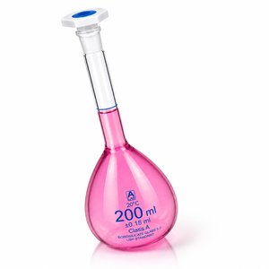 Fiole volumétrique de haute précision 200 ml Classe A en verre borosilicaté certifié USP avec graduation bleue et bouchon PE - Product Image 4