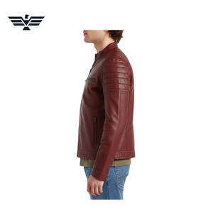Chaqueta de Motociclista para Hombre, Roja, de Cuero Genuino, Impermeable, Rellena de Plumón, Cuello Alto, Cierre de Cremallera, Corte Ajustado, Color Sólido, para Otoño - Product Image 2