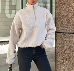 Women's Solid Color Sherpas Fleece 100% Cotton Jackek Linned Oversized Quarter Zip Top Embroidery Custom Logo Private Hoodies - Product Image 1