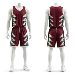 Tenue de basketball pour homme NEXTEX, maillot sans manches et short en polyester avec imprimé Chevron Glitch bordeaux et turquoise, kit de sublimation - Product Image 2