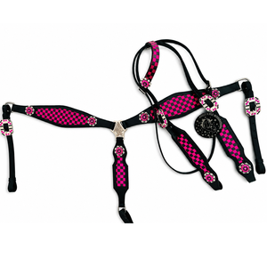 Ensemble de têtière et de collier de poitrine en cuir noir style western avec incrustation à carreaux roses et conchos en strass, équipement équestre - Product Image 1