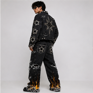 Custom Distressed Denim Jacket And Flame <b>Jeans</b> Set Vintage Star Studded Street Wear Fashion Outfit For Unisex Wear - Product Image 6