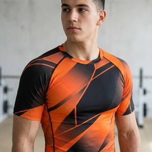 Men's Orange Black Solid Jersey Compression Shirt Short Sleeve Quick Dry Sporty Workout Top Slim Fit O-Neck - Product Image 3