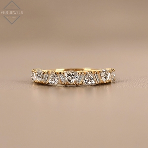 Anillo de eternidad de lujo con diamantes de corte mixto en oro amarillo, con baguette y redondos, para novia, boda, aniversario, proveedor de joyería para mujer - Product Image 1
