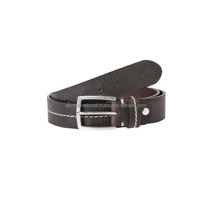 Ceinture décontractée pour homme en cuir texturé marron d'excellente qualité avec coutures contrastées au centre et boucle en métal argenté antique - Product Image 3