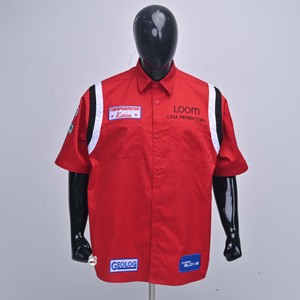 Custom Logo Red Color Mens Short Sleeve Button <b>Down</b> T-Shirts With Contrast Trim And Front Logo Print Regular Fit Woven Polyester - Product Image 1