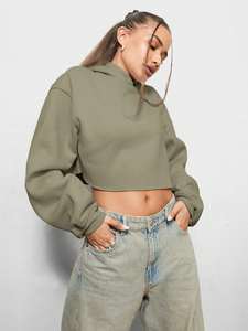 Sweat à capuche court pour femme, couleur olive, en mélange de coton, coupe décontractée oversize, style streetwear - Product Image 3