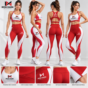 IRON MARK INDUSTRY Women's 2-Piece Yoga Set Racerback Crop Top High Waist <b>Leggings</b> Color Blocking Red White Seamless Full Length - Product Image 1