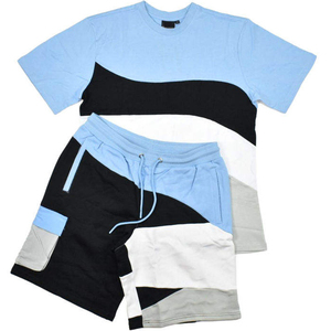 2026 Men Color Blocked Quick Dry T-Shirt and Drawstring Shorts Set Summer Casual Wear Blue Black Gray Two Piece Outfit - Product Image 6