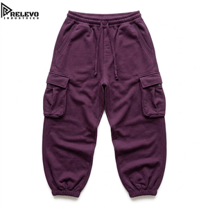 Pantalon de survêtement cargo en molleton pour homme, violet prune foncé, personnalisé OEM de haute qualité, en coton épais avec revers en tissu éponge, vente en gros - Product Image 1