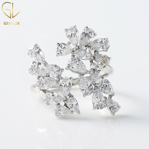 Swirl Bypass <b>Ring</b> Pear Cut Moissanite Diamond Cluster Engagement <b>Ring</b> Leaf Inspired <b>Open</b> Cuff 14K Gold Anniversary <b>Ring</b> - Product Image 1