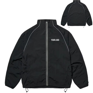 Custom Stand Collar Zip up <b>Black</b> Track Jacket Adjustable Hem Reflective Piping Lightweight Men's <b>Windbreaker</b> Tracker Jacket - Product Image 3
