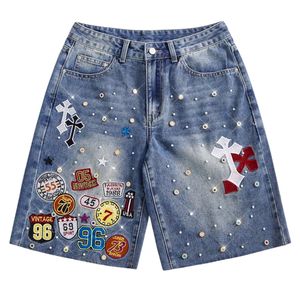 Shorts de Mezclilla Personalizados Estilo Y2K con Pedrería Cruzada para Mujer, Vintage, Patchwork, Holgados, Estilo Harajuku Gótico, Streetwear, Pierna Ancha, Bermudas - Product Image 1