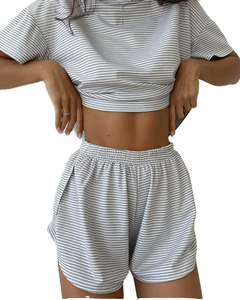 OEM ODM Custom Logo Women's Two Piece Strapless Casual Short <b>Set</b> Solid <b>Knitted</b> Polyester Cotton Summer Fashion Crop Wide Leg - Product Image 1