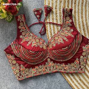 Premium Quality Italian Silk with Tricot Fuising Readymade Heavy Zari-Sequence-<b>Beads</b> work Padded Blouse At Wholesale Rate - Product Image 3