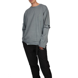 T-shirt gris à manches longues pour homme, coupe oversize, col rond, style streetwear, en lin/coton, respirant, écologique, séchage rapide, coupe jersey - Product Image 2