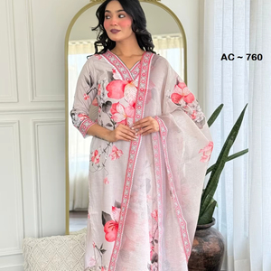 ชุดสูทผ้าเรยอนสีเทาสไตล์อินเดีย-ปากีสถาน ดีไซน์ทันสมัย สำหรับผู้หญิง  งานปาร์ตี้ งานแต่งงาน  ชุดพื้นเมืองสุดหรู - Product Image 1