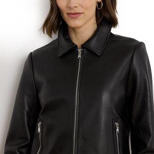 Chaqueta de Motociclista de Cuero Genuino para Mujer, Negra, Manga Larga, Cuello Camisero, Cierre de Cremallera, Estilo Otoñal - Product Image 1