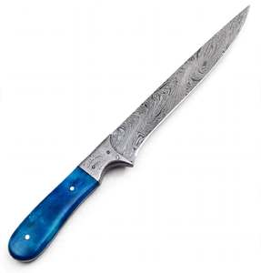 Couteau à filet en acier Damas artisanal avec manche en résine bleue, outil de découpe de cuisine - Product Image 1
