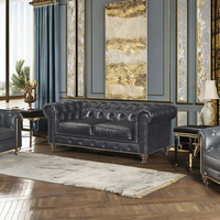 Canapé modulaire inclinable Chesterfield bleu océan, design moderne, deux places, en cuir véritable, avec dossier capitonné, structure solide