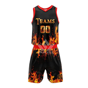 Ensemble de maillots de basket-ball personnalisés pour équipes, imprimé flamme noire, sublimé, col en V, sans manches, évacuation de l'humidité, vêtements de sport unisexes pour adultes - Product Image 1