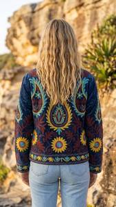 Prairie Chic <b>Velvet</b> Embroidered <b>Jacket</b> Floral Pattern Stand Collar Full Sleeve Spring Women's <b>Jacket</b> - Product Image 4