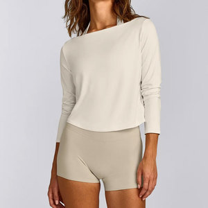 Women's New Product Customized 3/4 Sleeves Curved Hem Crop Length <b>Long</b> Sleeve Shirt Wide Shoulder Neck Yoga Wear Shirt - Product Image 1