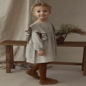 Pretty Alluring Long Sleeved Loose Fit Beige Ruffle Linen Dress Featured With Front Button Crafted With Soft Comfy Cotton Fabric - Product Image 1