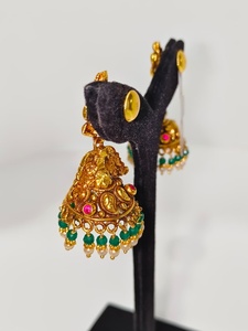 Antique 22k Solid Gold <b>Drop</b> <b>Earrings</b> Handcrafted Lakshmi Motif Wedding Jewelry with Green <b>Emeralds</b> and Natural Pearls - Product Image 2