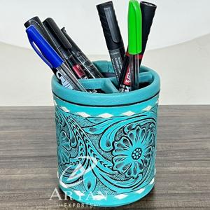 March Expo Panier à pinceaux de maquillage en cuir de vachette gravé à la main avec logo personnalisé, support de bureau portable pour stylos et crayons - Product Image 1