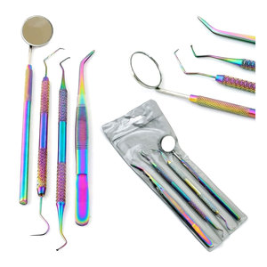 Multi-Color Rainbow Dental Hygiene Set 4 Piece Basic Dental Instruments Kit Stainless Steel Dental <b>Tooth</b> <b>Pick</b> Mouth Mirror - Product Image 1