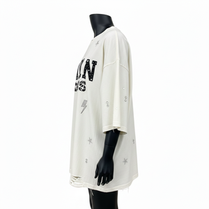 Camiseta de algodón de alto gramaje para mujer, corte holgado, color crema, estilo urbano, con dobladillo desgastado y estampado gráfico con logo. Camisetas holgadas de algodón para mujer. - Product Image 3