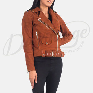 Women's Real Suede <b>Leather</b> Biker Jacket Western Fringe Style <b>Rivet</b> Stand Front Breathable Wholesale Premium Brown Suede <b>Leather</b> - Product Image 4