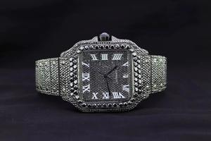 Luxurious Full <b>Black</b> Iced Moissanite Square Studded Gold Mechanical Fashion Automatic Wristwatch Stainless Steel Glass Dial - Product Image 6