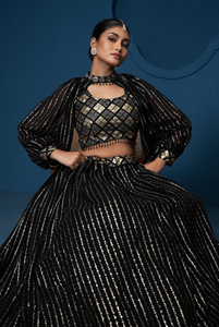 Black Georgette Lehenga Choli Zari Sequence Embroidery Floor Length Semi Stitched Dress for Wedding Party - Product Image 2