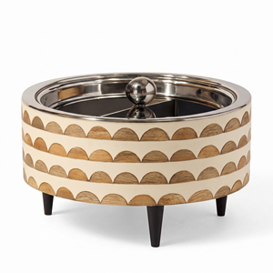 Marble & Wood Inlay Footed <b>Serving</b> <b>Dish</b> With Metal Silver Lid Round Shape Elegant Design Durable Finish For High-End Dining - Product Image 4