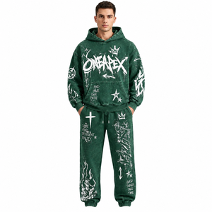 Ensemble de survêtement homme oversize vert délavé à l'acide, en coton épais, style streetwear, avec sweat à capuche et pantalon de jogging assorti, vêtements personnalisés - Product Image 1