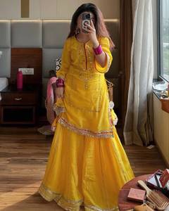 Ensemble de costume palazzo indien brodé prêt-à-porter |   Ensemble Salwar 3 pièces en soie organza Kundan avec dupatta - Product Image 3