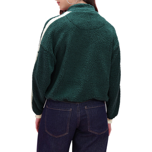 Women's Green Fleece Jacket With White Stripes Stand Collar Zipper Full Sleeve Winter Warm <b>Coat</b> - Product Image 5