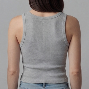 Débardeur Sportif Tricoté Uni Gris Mélange pour Femme, Sans Manches, Logo Frontal, Côtelé, Idéal pour le Yoga, la Gym et le Pilates - Product Image 3