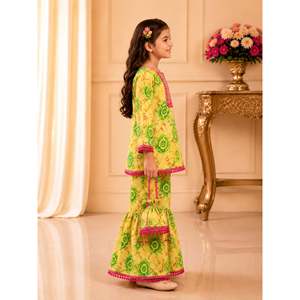Ensemble Sharara Imprimé pour Femme - Jaune, Manches Courtes 3/4, Motif Intégral en Polyester, Tenue de Fête Ethnique Élégante et Tendance - Product Image 4