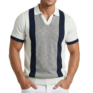 Camisetas Polo de Punto para Hombre al por Mayor, Cuello Johnny, Manga Corta, Bloques de Color Verticales, Dobladillo con Banda, Camisetas Polo Personalizadas para Hombre - Product Image 6