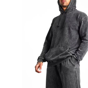 Nouvel ensemble de survêtement unisexe vintage noir délavé avec logo personnalisé, deux pièces : sweat à capuche et pantalon de jogging en molleton, tenue de sport pour la gym, vente en gros - Product Image 1