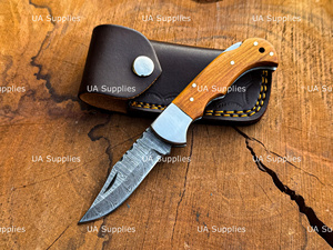 Foldable EDC Handmade Damascus Steel Blade Clip Point Pocket <b>Knife</b> Olive Wood <b>Handle</b> OEM Available Leather Sheath Outdoor <b>Knife</b> - Product Image 6