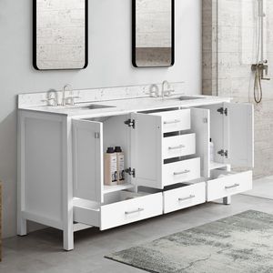 Mobile bagno bianco da 72 pollici con doppio lavabo sottopiano e elegante mobiletto contenitore con piano superiore - Product Image 3