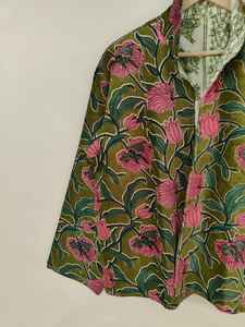 <b>Green</b> Floral Print Embroidered <b>Velvet</b> Bomber Jacket Reversible Eco-Friendly Short Length 100% Cotton Shell Winter Bohemian Style - Product Image 3