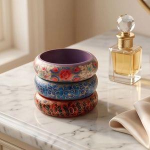 Ensemble de bracelets en papier mâché kashmiri faits à la main, motif floral ivoire, motif ethnique traditionnel, bijoux indiens fabriqués en Inde, export en gros - Product Image 3